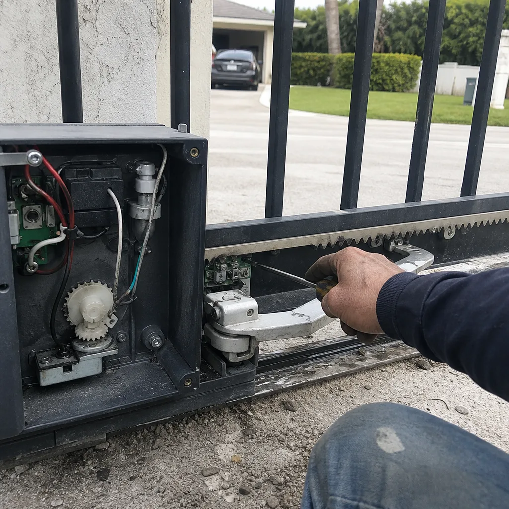 Technician performing electric gate motor repair and maintenance