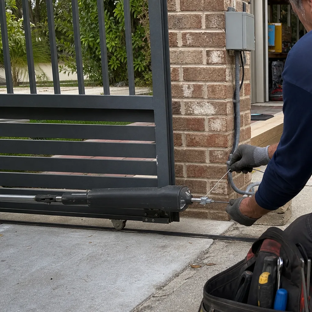 Technician performing professional electric gate repair and maintenance