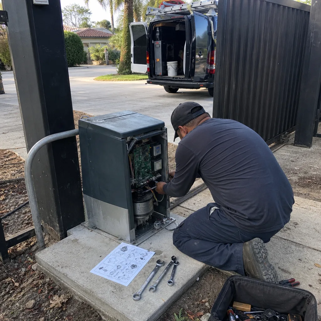 Technician performing professional electric gate repair and maintenance