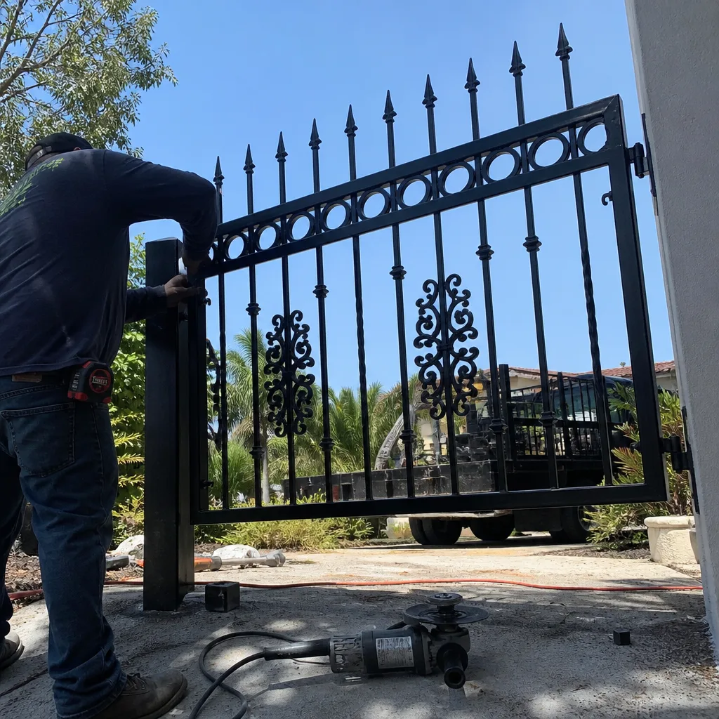 Professional technician installing a custom black ornamental metal driveway gate.