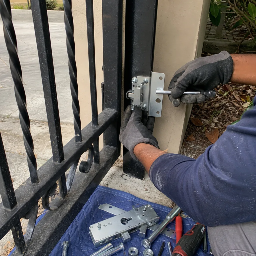 Technician performing professional gate latch repair and installation