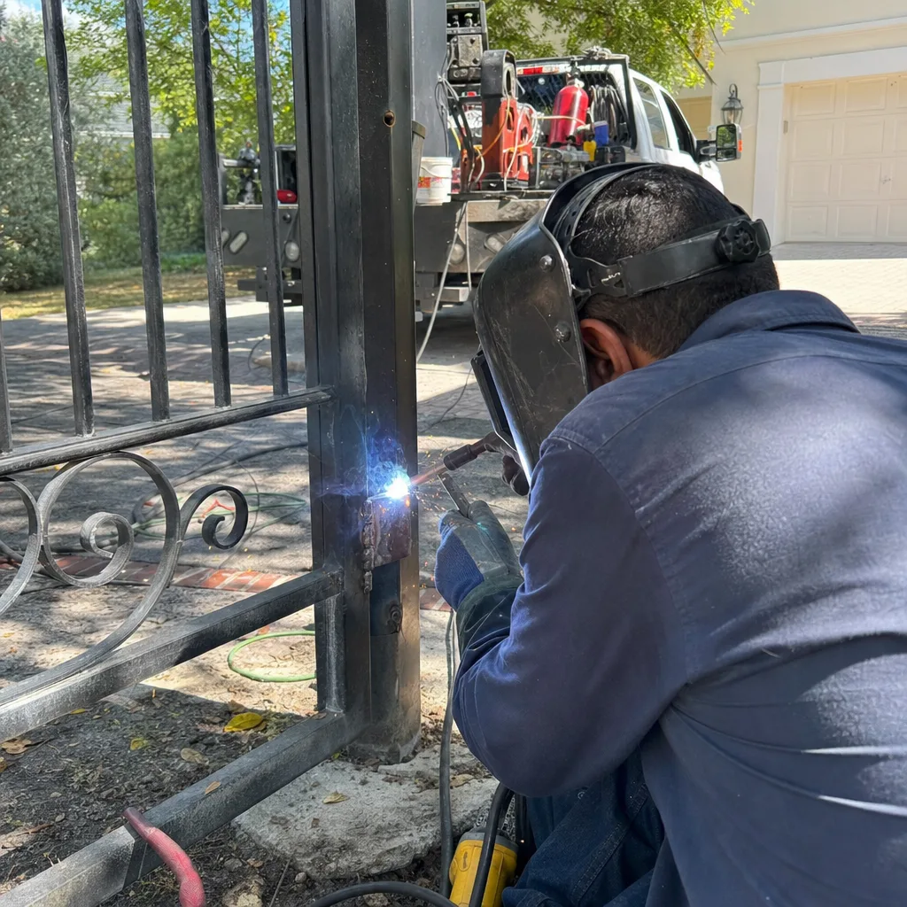 Professional welder performing iron gate repair and metalwork