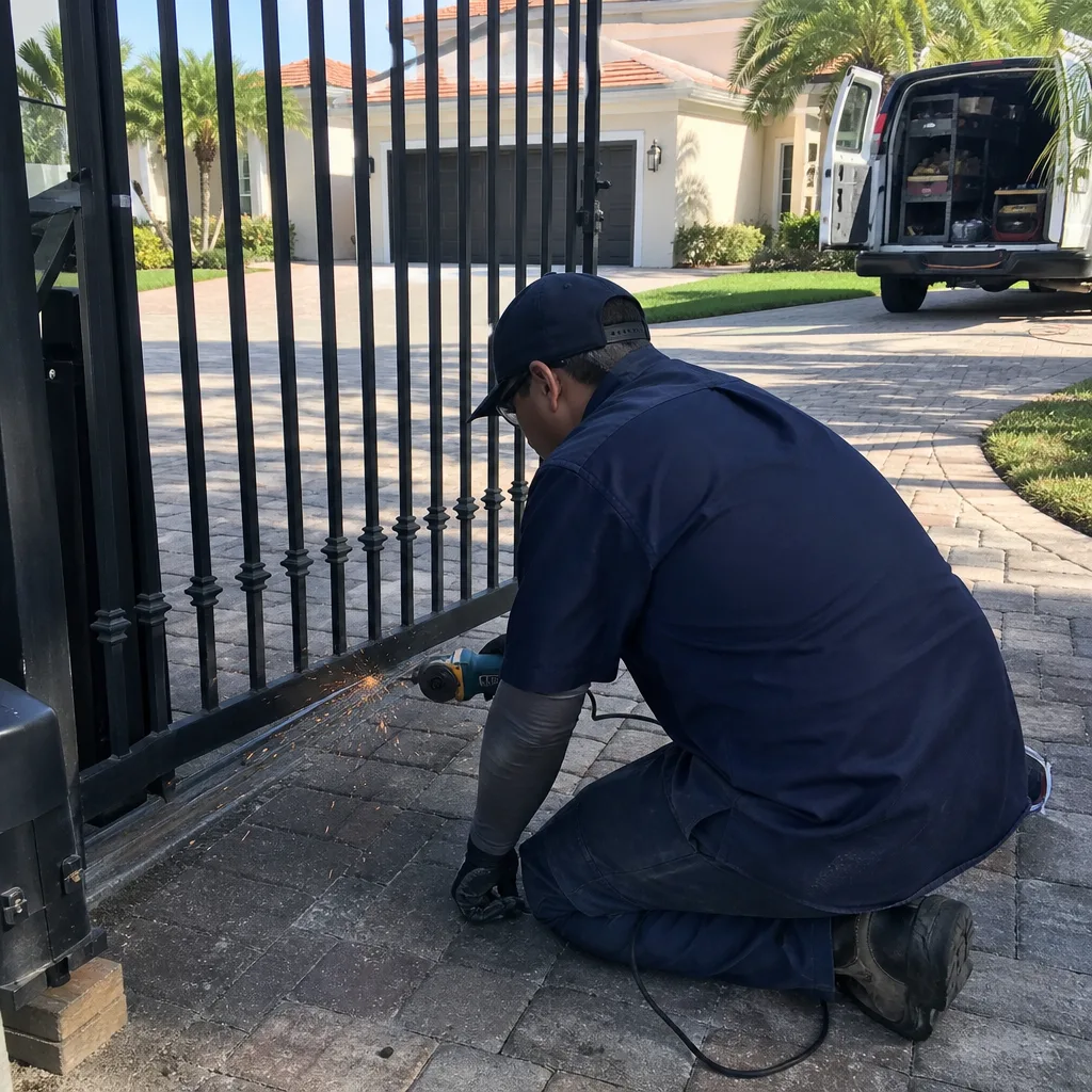 Technician using a power grinder to repair a metal security gate